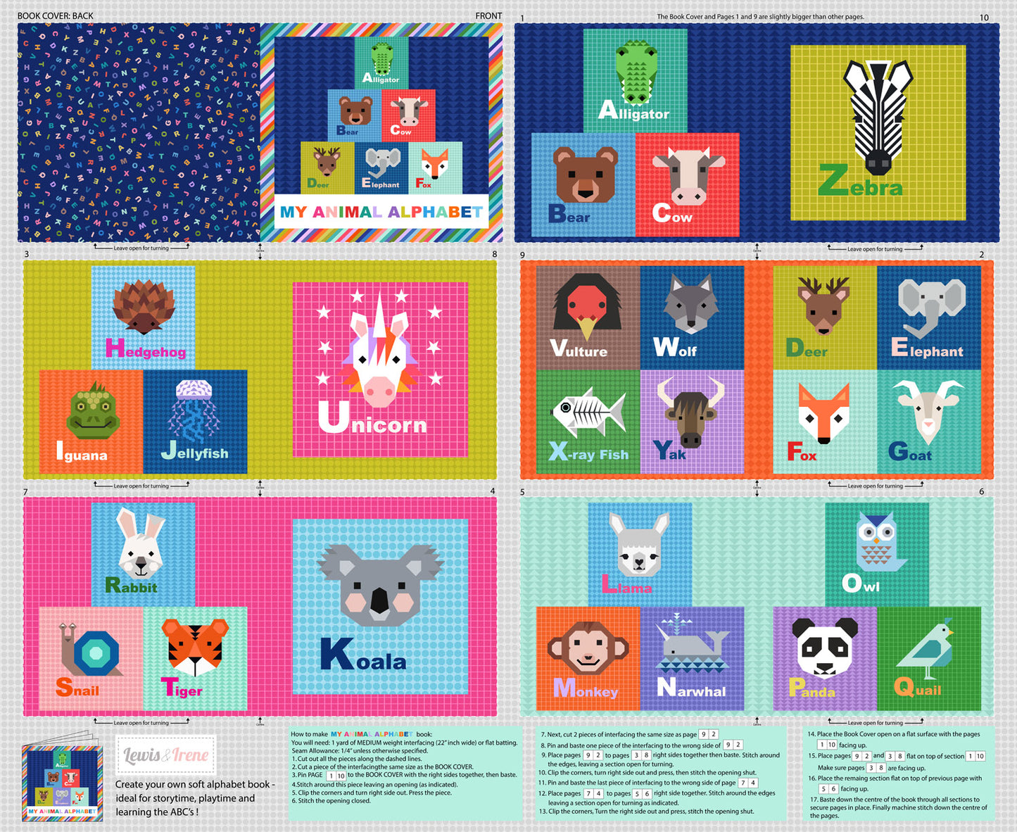 Animal Alphabet Fabric Book Panel 36" Lewis & Irene Cotton Fabric LI-A969