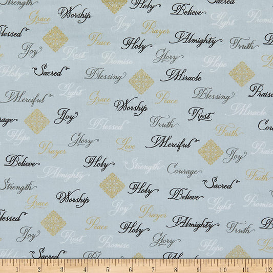 Appreciation Blessings Inspirational Metallic Words Dove Grey Whistler Studios Windham Cotton Fabric WF-52498M-4