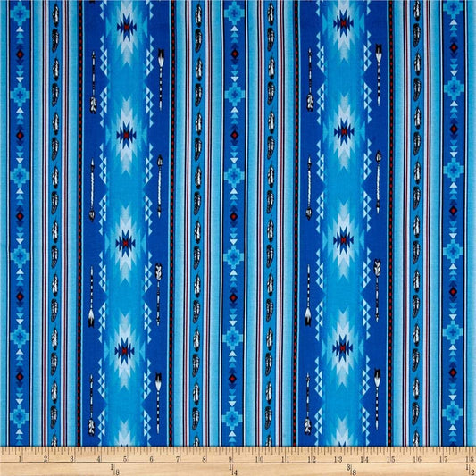 Arrows and Feathers Southwest Blanket Stripe Navaho Native Spirit Blue Elizabeth's Studio Cotton Fabric ES-530 Blue