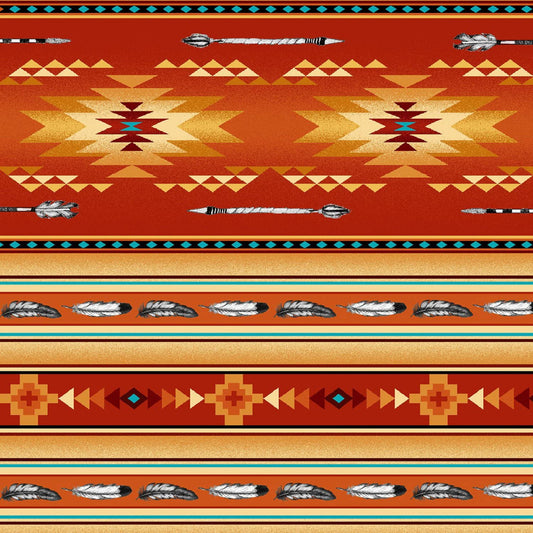 Arrows Feathers Southwest Blanket Stripe Navaho Native Spirit Terracotta Elizabeth's Studio Cotton Fabric ES-530 Terracotta