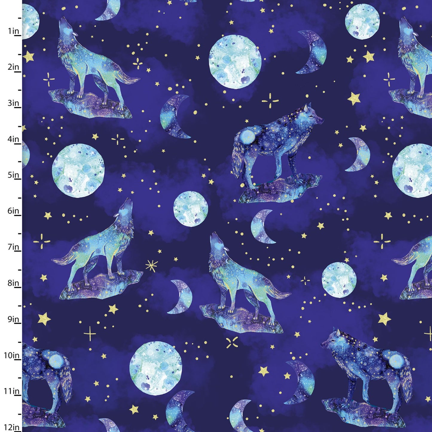 Artic Wonder Wolf Howling at the Moon Navy Metallic Glitter 3 Wishes Cotton Fabric 3W 19435 Navy