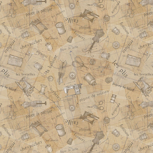 Atelier Tossed Sewing Items Tan Elizabeth Medley Blank Quilting Fabrics Cotton Fabric