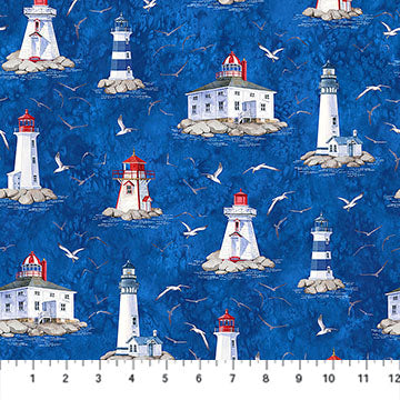 Atlantic Coast Light Houses Dark Blue Multi Deborah Edwards Northcott Cotton Fabric NC-DP28011-47