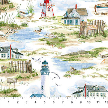 Atlantic Coast Scenic White Multi Deborah Edwards Northcott Cotton Fabric NC-DP28021-10