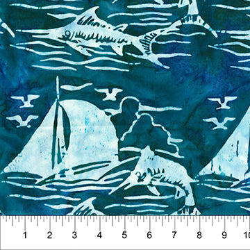 At the Pier Sail boats Fish Ocean Blue Banyan Batiks Cotton Fabric BB-80370-63