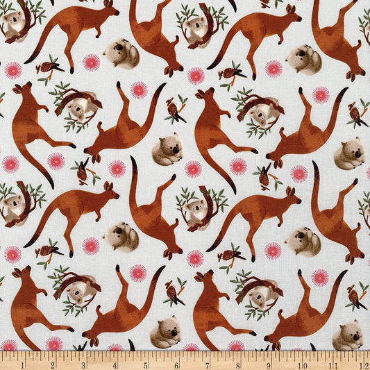 Aussie Friends Mixed Aussie Animals Kangaroo Koala Bear Wombat Light Gray Victoria Barnes Blank Quilting Cotton Fabric BQ 2093-90