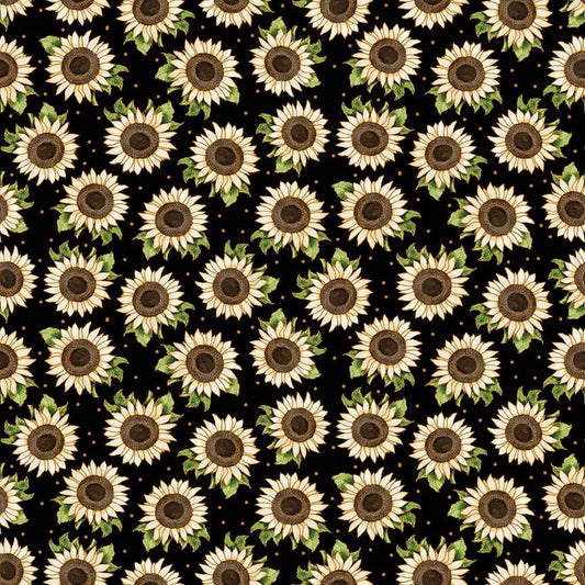 Autumn Elegance Tossed Sunflower Black Metallic Kitten Studio Henry Glass Cotton Fabric HG-729M-99