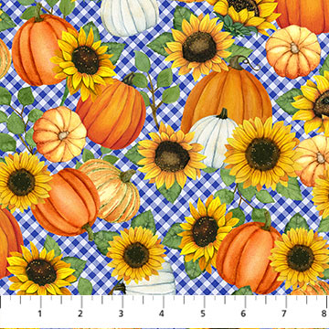Autumn Gathering Pumpkins Sunflower Blue Multi Jennifer Nilsson Northcott Cotton Fabric