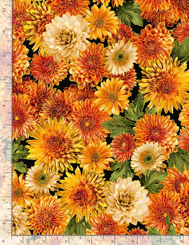 Autumn Leaves Harvest Flowers Metallic Orange Timeless Treasures Cotton Fabric TT CM1290 Orange