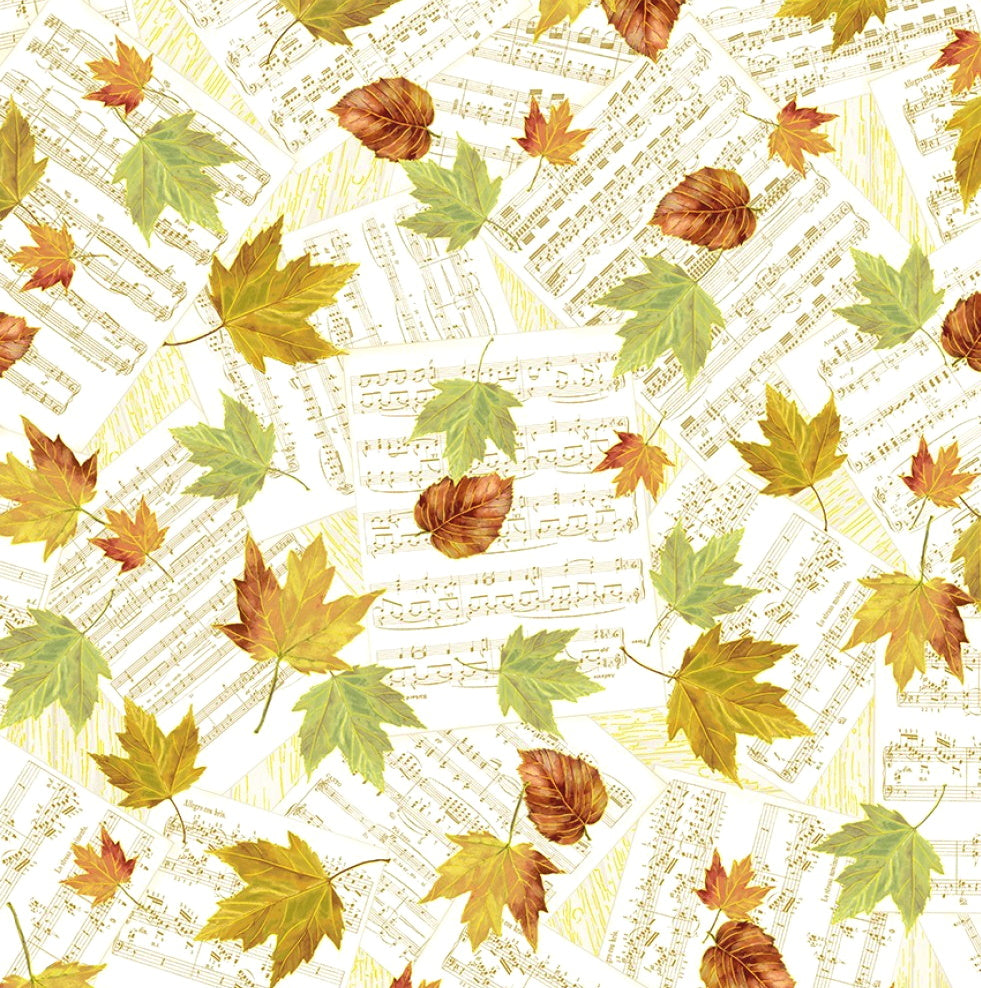 Autumn Symphony Falling Autumn Leaves on Music Notes Met Gold Cream Timeless Treasures Cotton Fabric TT-CM8523-CREAM