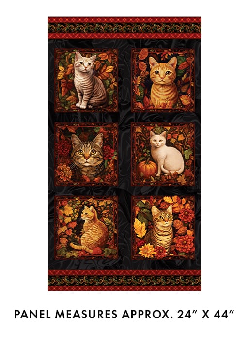 Autumn Cats Panel 24" Black Spice Peggy Collins Benartex Cotton Fabric BE-16765-87 | US Fabric Shop