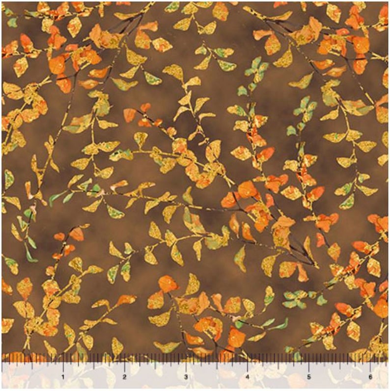 Autumn Shimmer Leaf Branch Brown Gold Metallic Quilting Treasures Cotton Fabric
