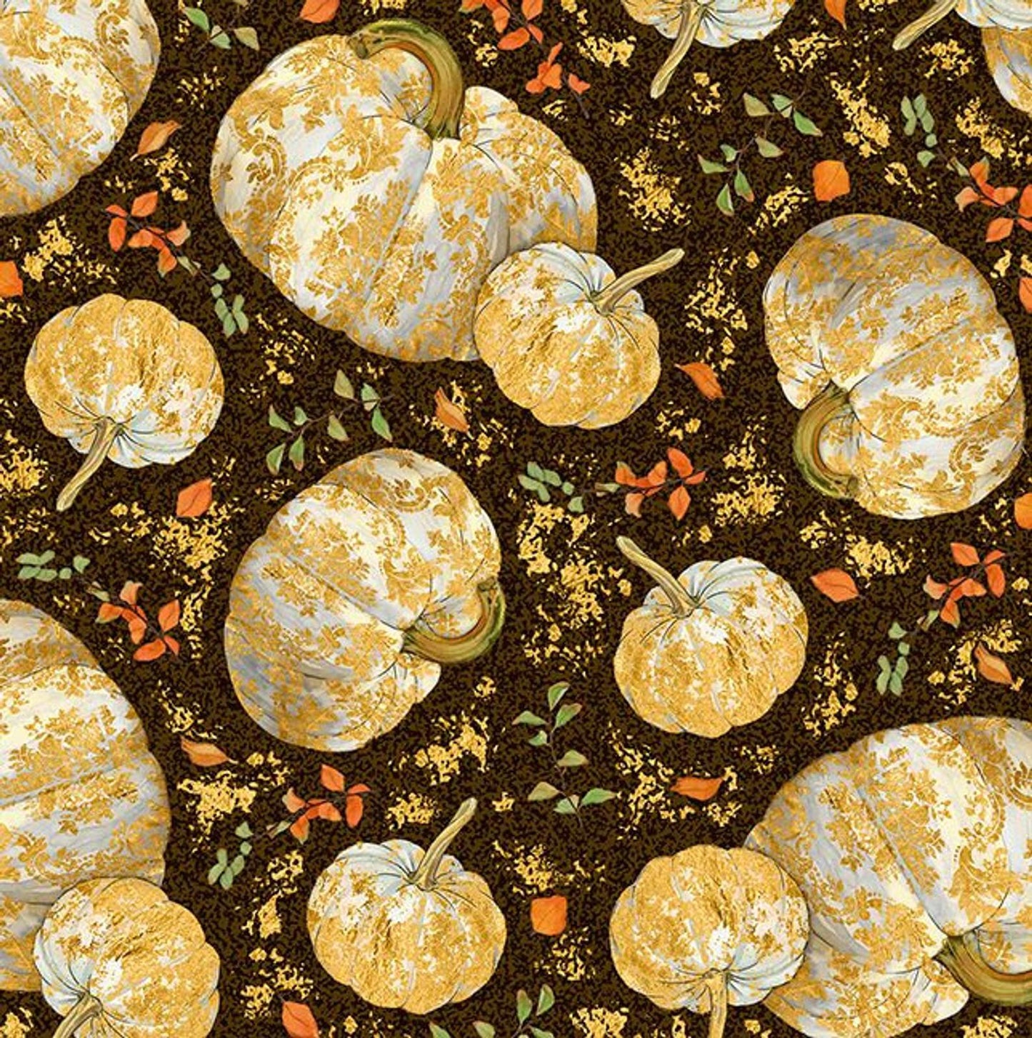 Autumn Shimmer Tossed Pumpkinins Brown Espresso Gold Metallic Quilting Treasures Cotton Fabric