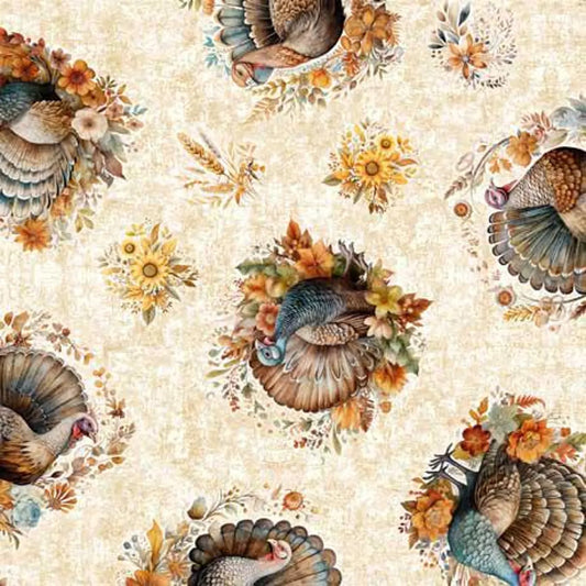 Autumn Spice Turkey Toss Cream Quilting Treasures Cotton Fabric QT-2600-30598-E