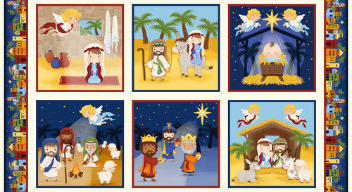 Away in a Manger Nativity Blocks Panel 24" Blue Satin Moon Designs Blank Quilting Cotton Fabric BQ-4187-77