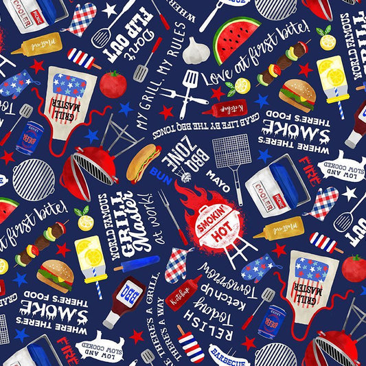 BBQ Season Barbecue Tools Accessories Navy Gail Cadden Timeless Treasures Cotton fabric TT-GAIL-CD1997