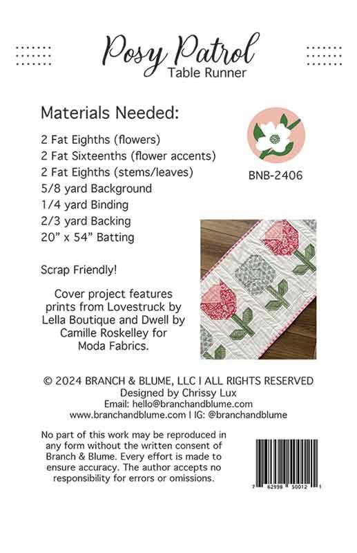 Posy Patrol Table Runner Pattern 16.5"x42.5" Chrissy Lux Branch & Blume BNB-2406