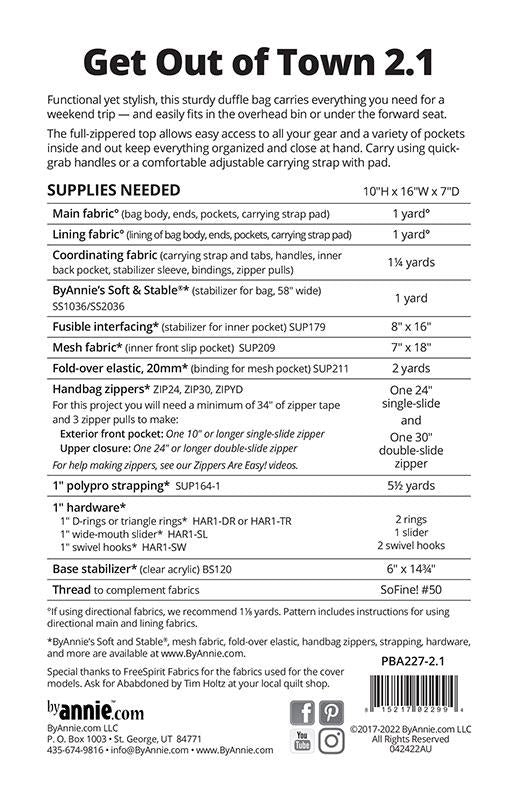 Get Out Of Town 2.1 Sewing Bag Pattern By Annie's BYA-PBA-227-2.1