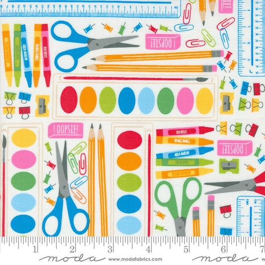 Back To School School Supplies Paint Ruler Scissors Paper White Stacy Iest Hsu Moda Cotton Fabric MD-20891-11
