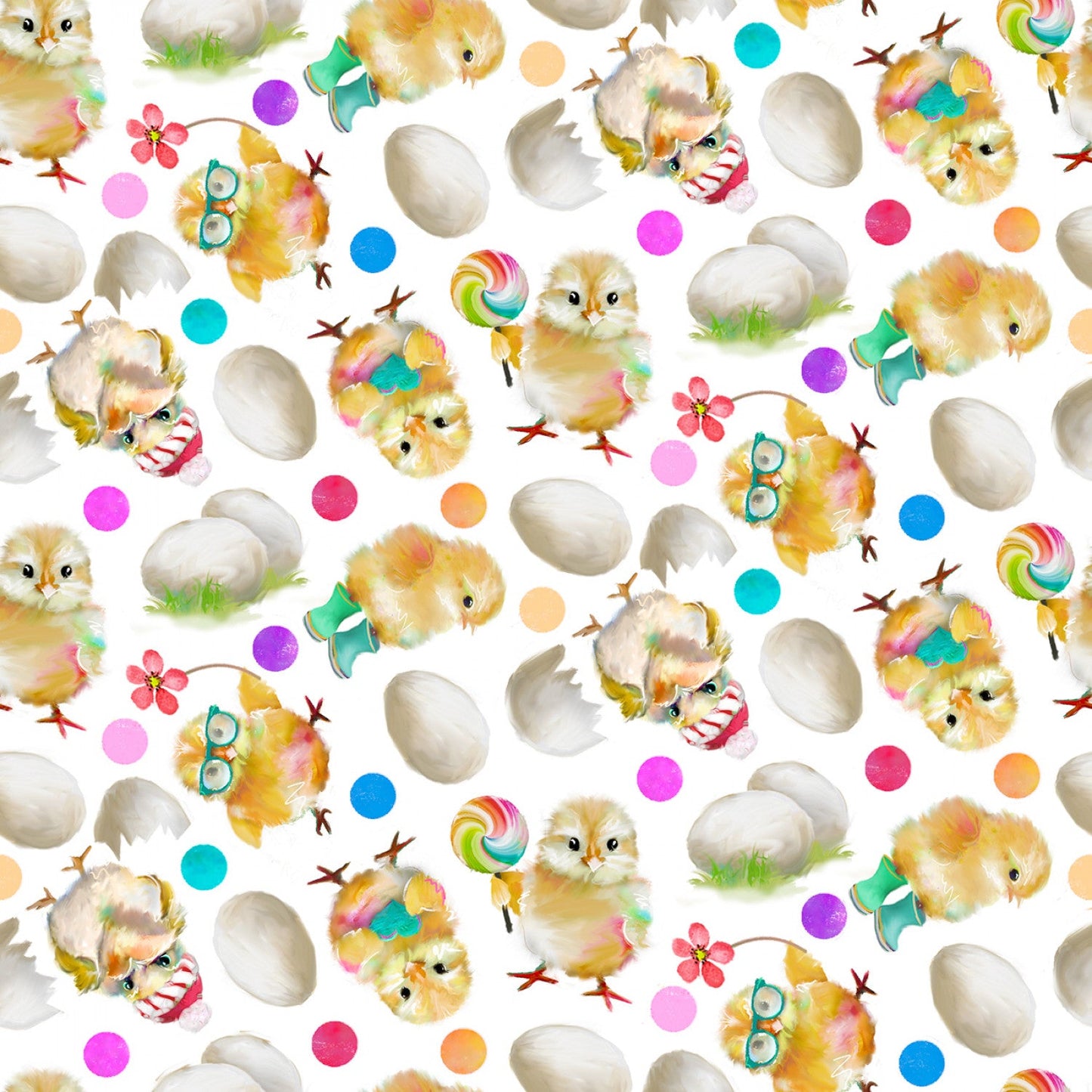 Back To The Farm Chirpy Chicks White Connie Haley 3 Wishes Cotton Fabric W-23045-WHT