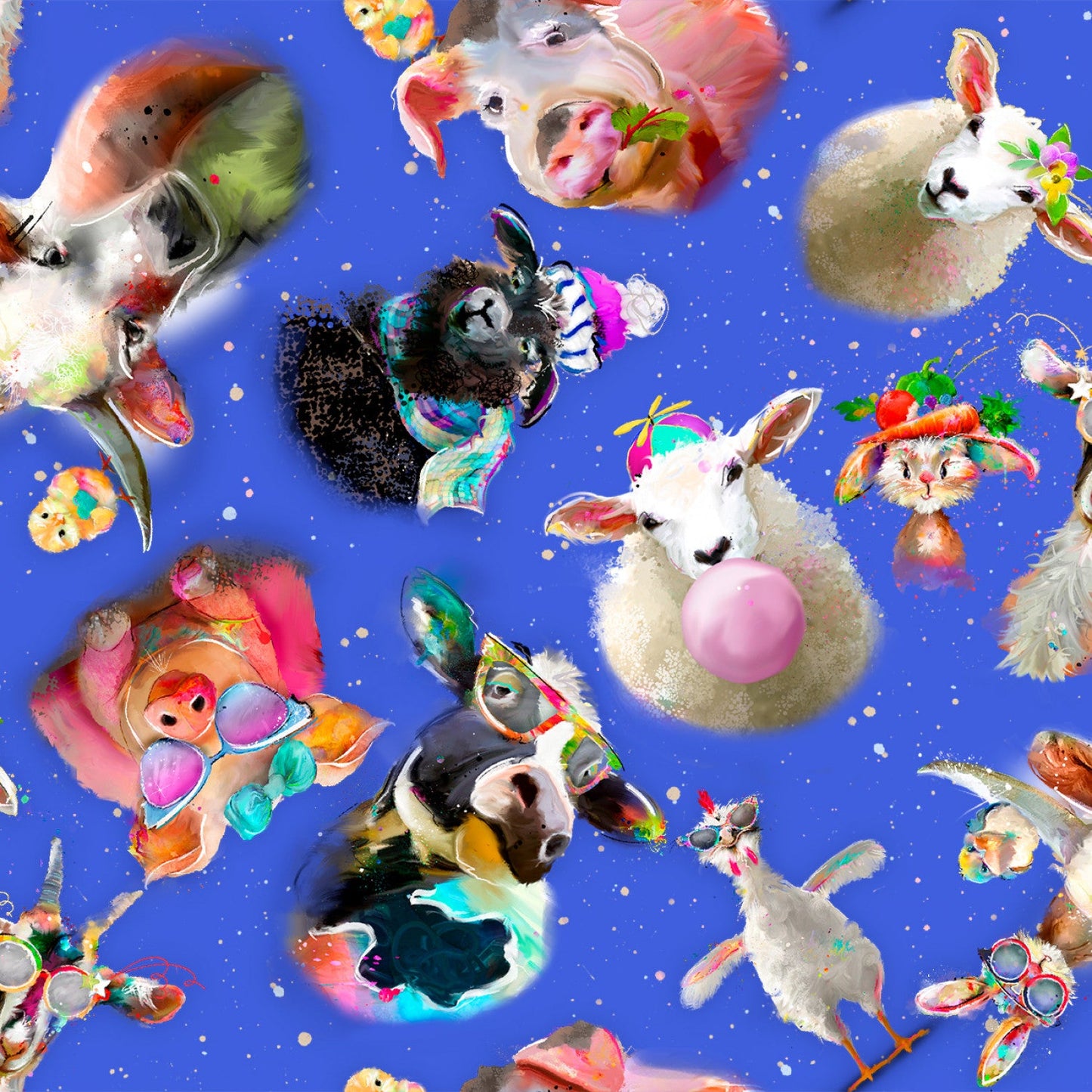 Back To The Farm Tossed Animals Blue Connie Haley 3 Wishes Cotton Fabric 3W-23043-BLU