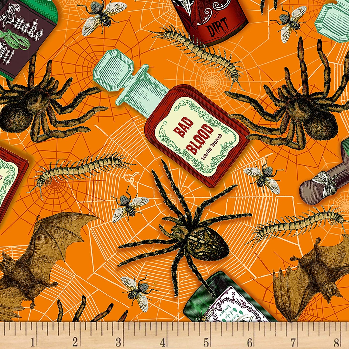 Bad Blood Poison Bottles Spiders Bats Orange Fun Timeless Treasures Cotton Fabric TT-C7813 Orange