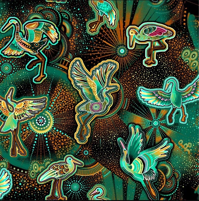 Baiame's Spirit Baiame Flight Green Oasis Fabrics Cotton Fabric OA-598372 | US Fabric Shop