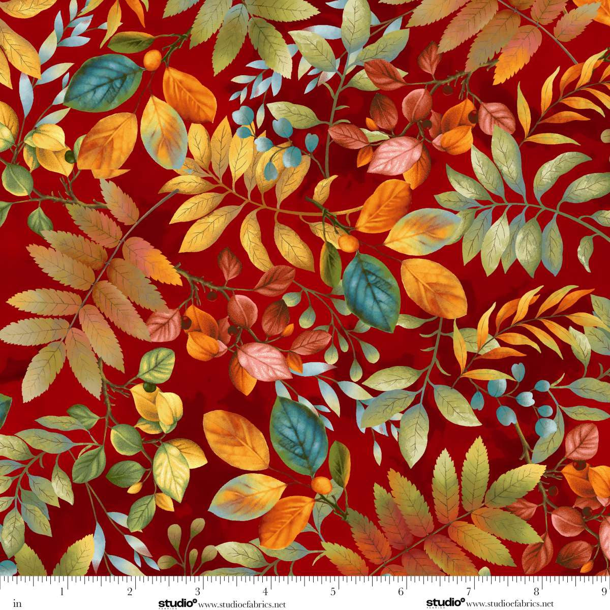 Baskets of Autumn Blessings Allover Leaves Brick Red Art Loft Studio E Cotton Fabric SE-9199-88
