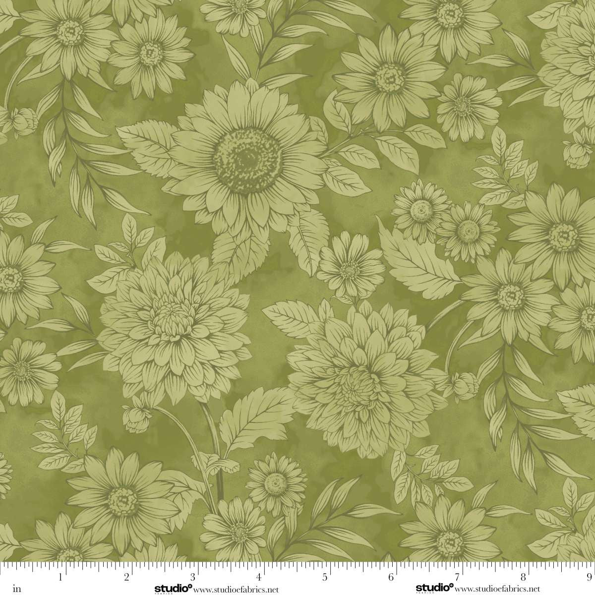 Baskets of Autumn Blessings Pen and Ink Sketch Floral Sage Green Art Loft Studio E Cotton Fabric SE-9202-66