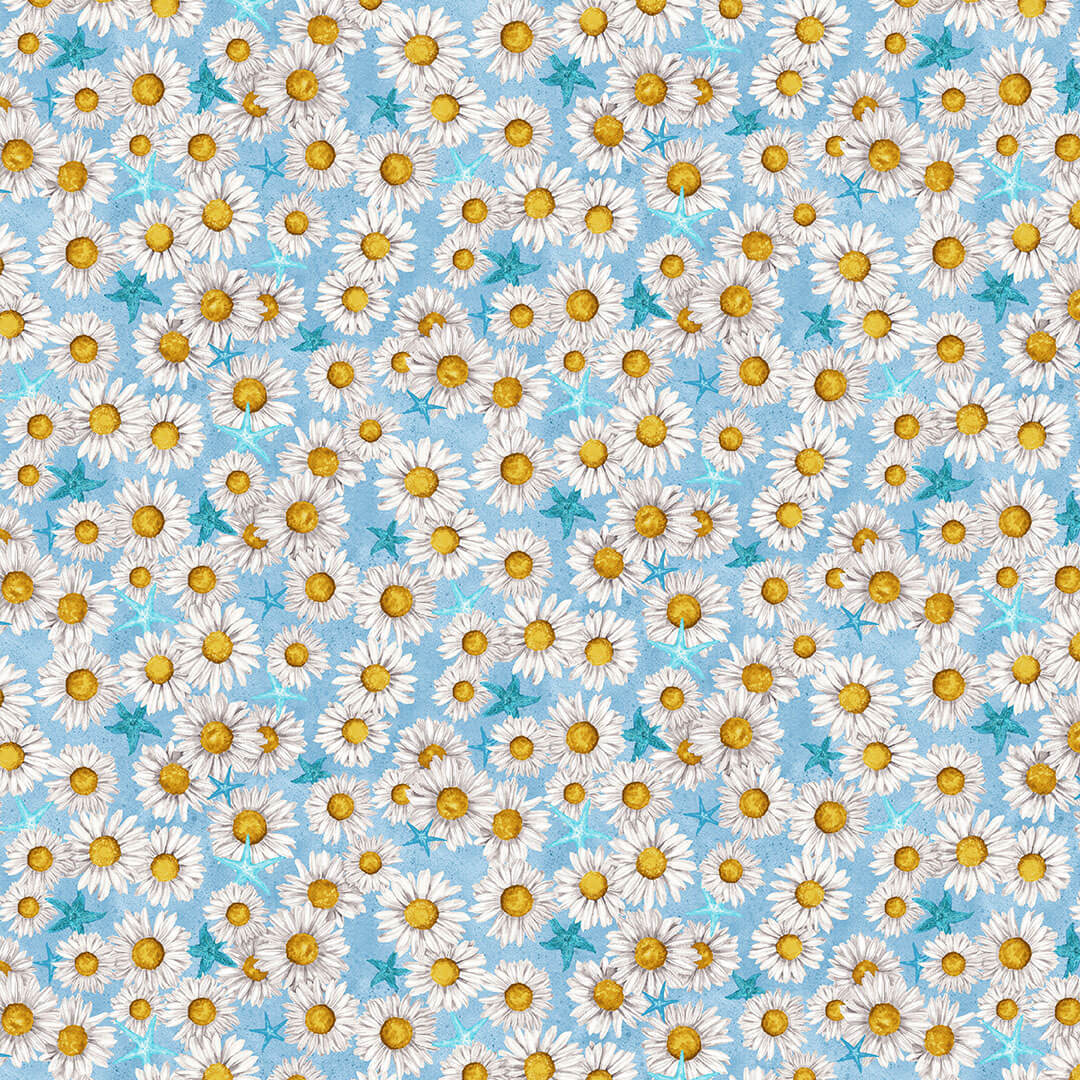 Beach Bound Daisy Allover Blue Barb Tourtillotte Henry Glass Cotton Fabric HG-603-11