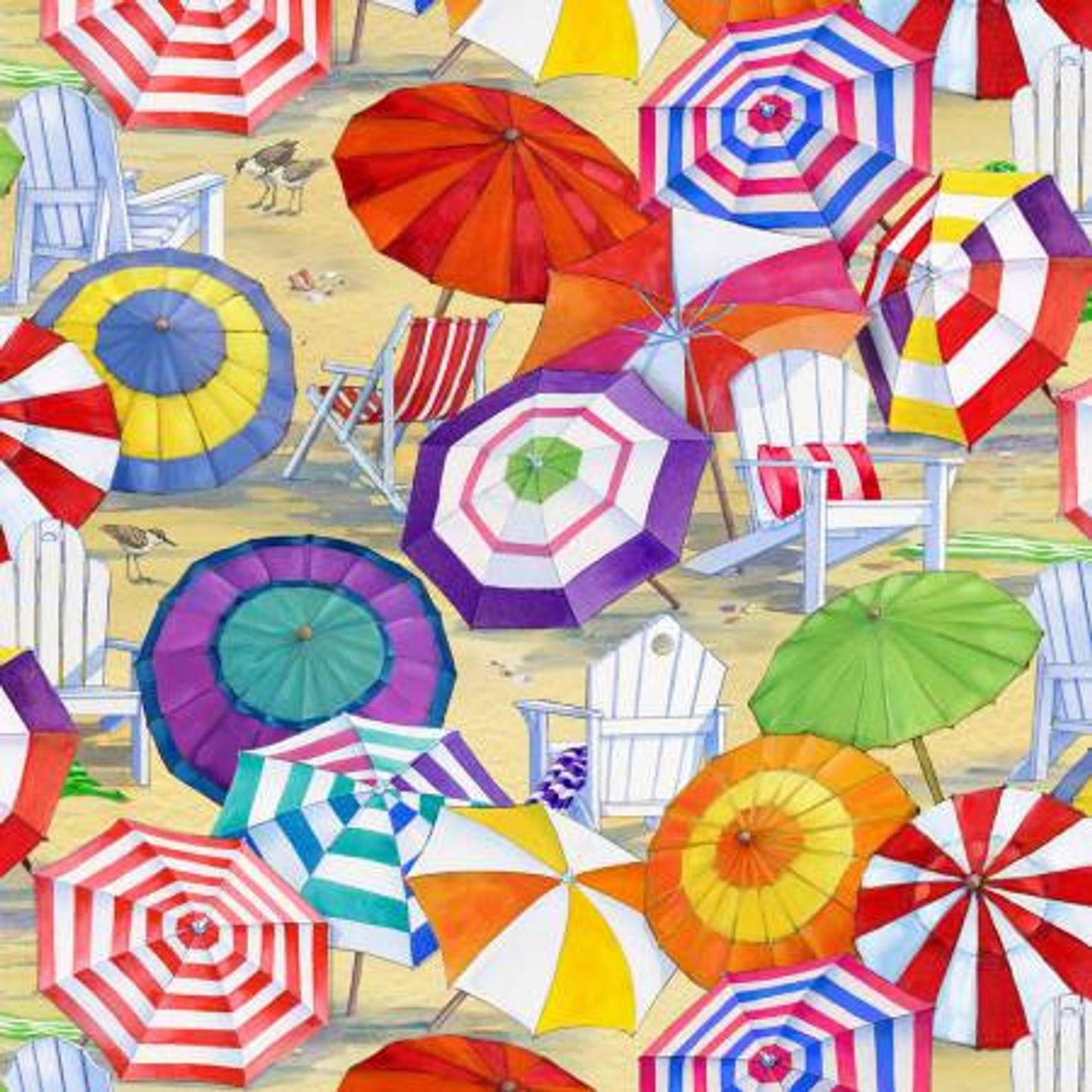 Beach Vista Umbrellas Chairs Sand Beige Elizabeth's Studio Cotton Fabric
