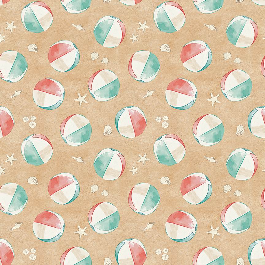 Beachy Keen Tossed Beach Balls Sand Janelle Falke Blank Quilting Fabrics Cotton Fabric