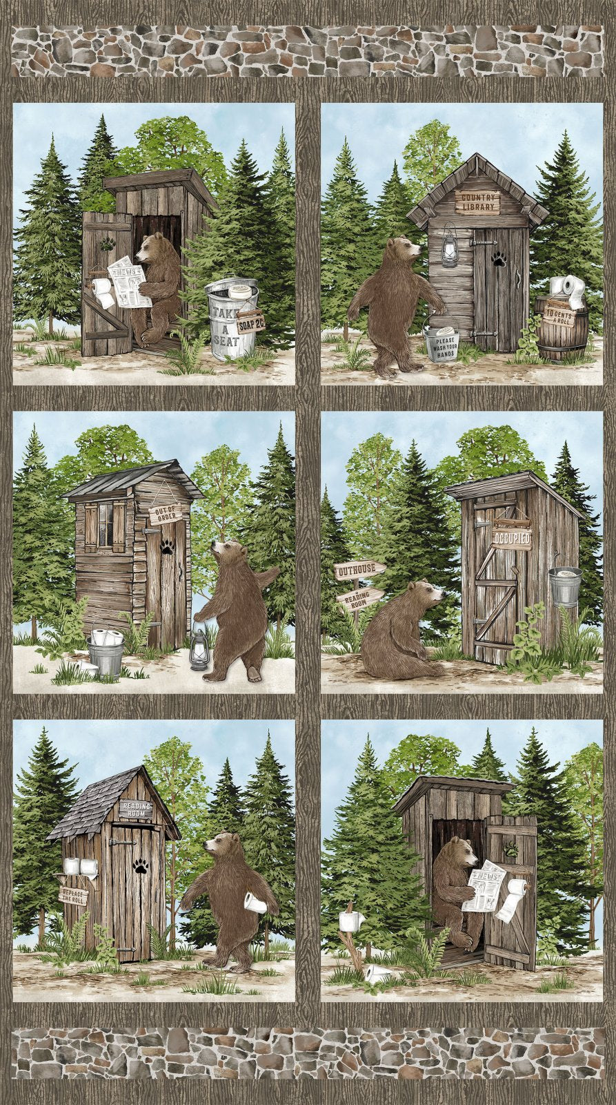 Bear Necessities Bear Panel 24" Brown Multi Deborah Edwards Northcott Cotton Fabric NC-28620-36