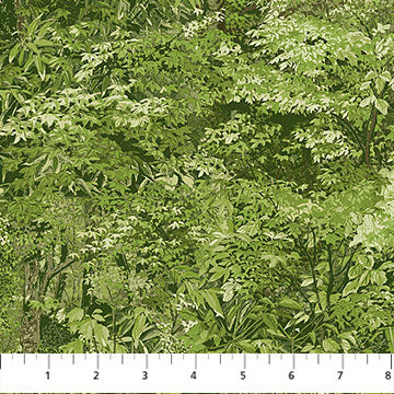 Bear's Den Packed Trees Medium Green Hautman Brothers Wildlife Art Northcott Cotton Fabric