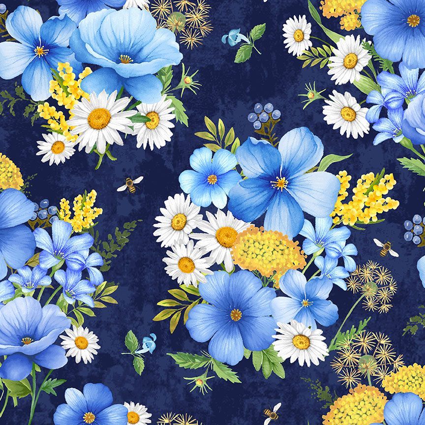 Bee & Bee Kind Bee Floral Bouquet Navy Blue Timeless Treasures Cotton Fabric TT-FLEUR-CD3256-NAVY