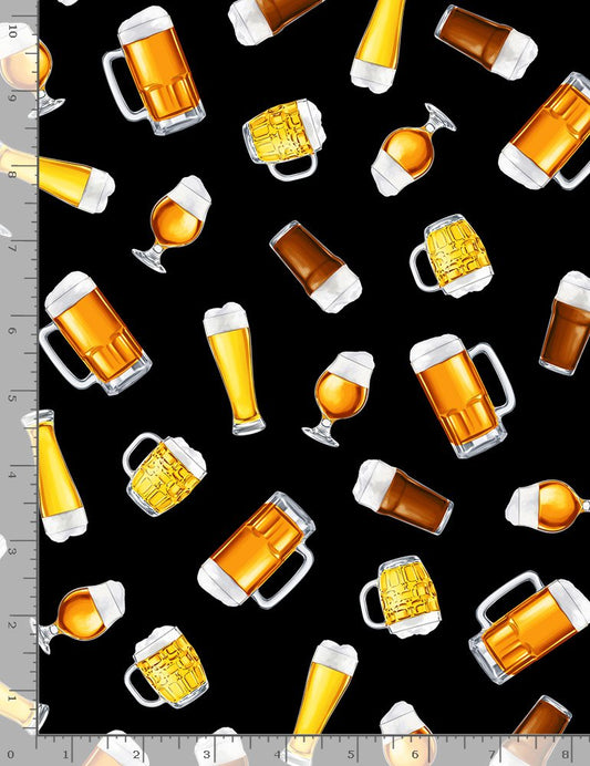 Beer Grab me a Beer Tossed Beer Glasses Black Timeless Treasures Cotton Fabric