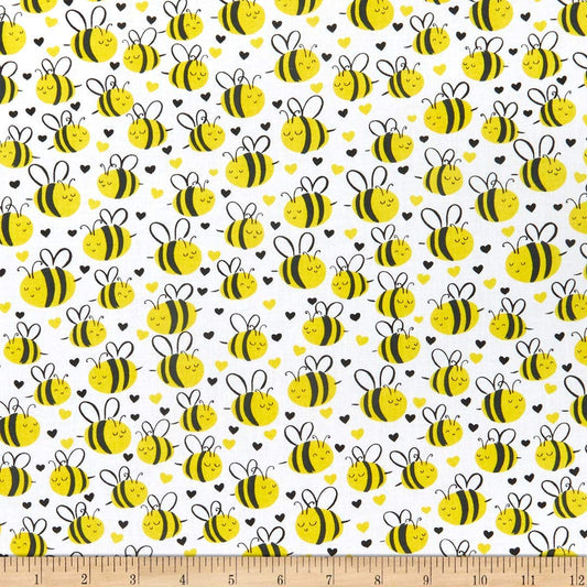 Bees What's The Buzz Cute Plump Bees White Timeless Treasures Cotton Fabric