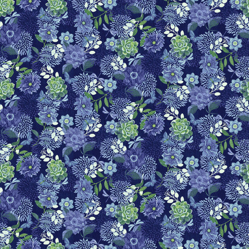 Bella Blue Birds Large Floral Indigo Blue Jennifer Brinley Studio E Cotton Fabric