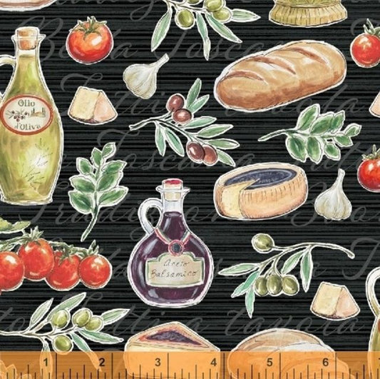 Bella Toscana Wine Bread and Cheese Black Windham Fabrics Cotton Fabric WF-51351-1