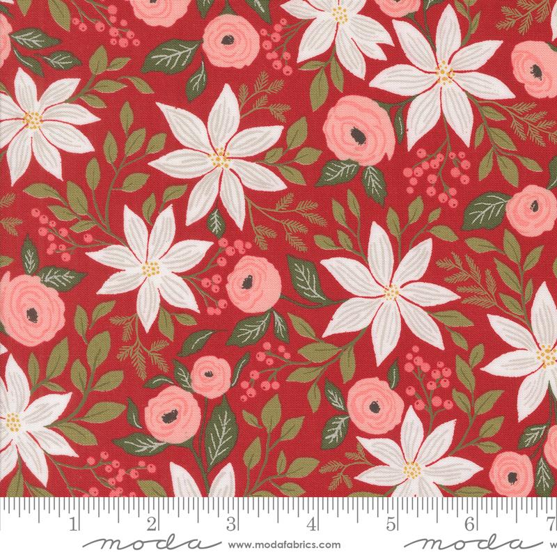 Berry and Pine Poinsettia Party Florals Cranberry Red Lella Boutique Moda Cotton Fabric MD-5240-14