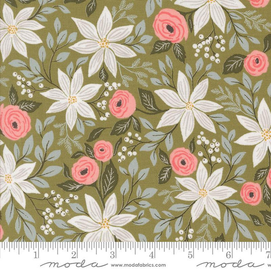 Berry and Pine Poinsettia Party Florals Sage Light Green Lella Boutique Moda Cotton Fabric MD-5240-12