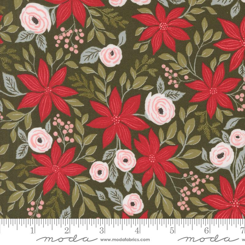 Berry and Pine Poinsettia Party Florals Winter Dark Green Lella Boutique Moda Cotton Fabric MD-5240-13