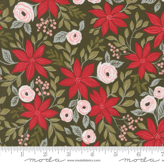 Berry and Pine Poinsettia Party Florals Winter Dark Green Lella Boutique Moda Cotton Fabric MD-5240-13