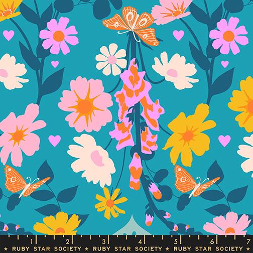 Best Day Ever Foxgloves Floral Butterflies Retro Summer Sky Turquoise Melody Miller Ruby Star Society Moda Cotton Fabric MD-RS0106-15
