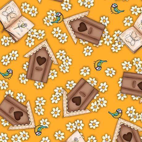 Birdhouses gold Birds of a Feather Quilting Treasures Cotton Fabric