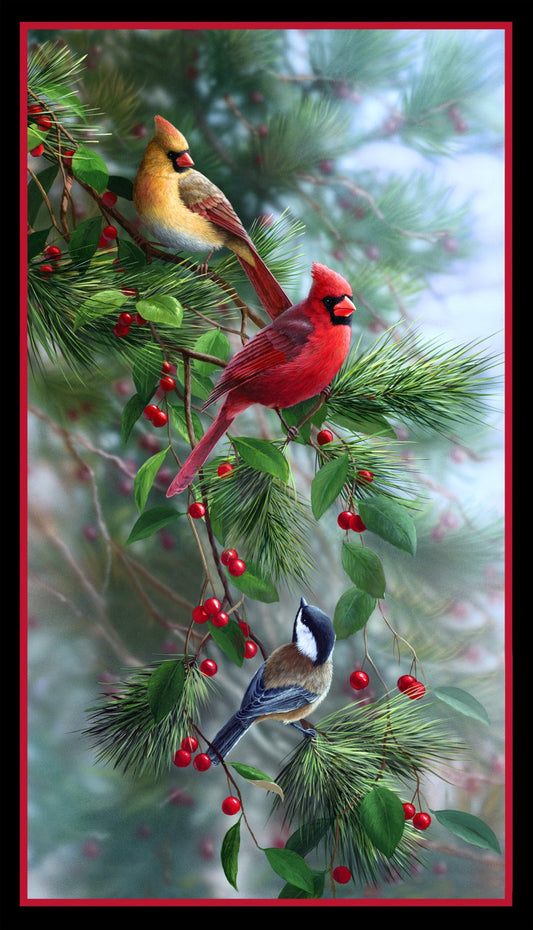 Birds & Berries Panel 24" Black Bradley Jackson Elizabeth's Studio Cotton Fabric ES-40003-BLACK