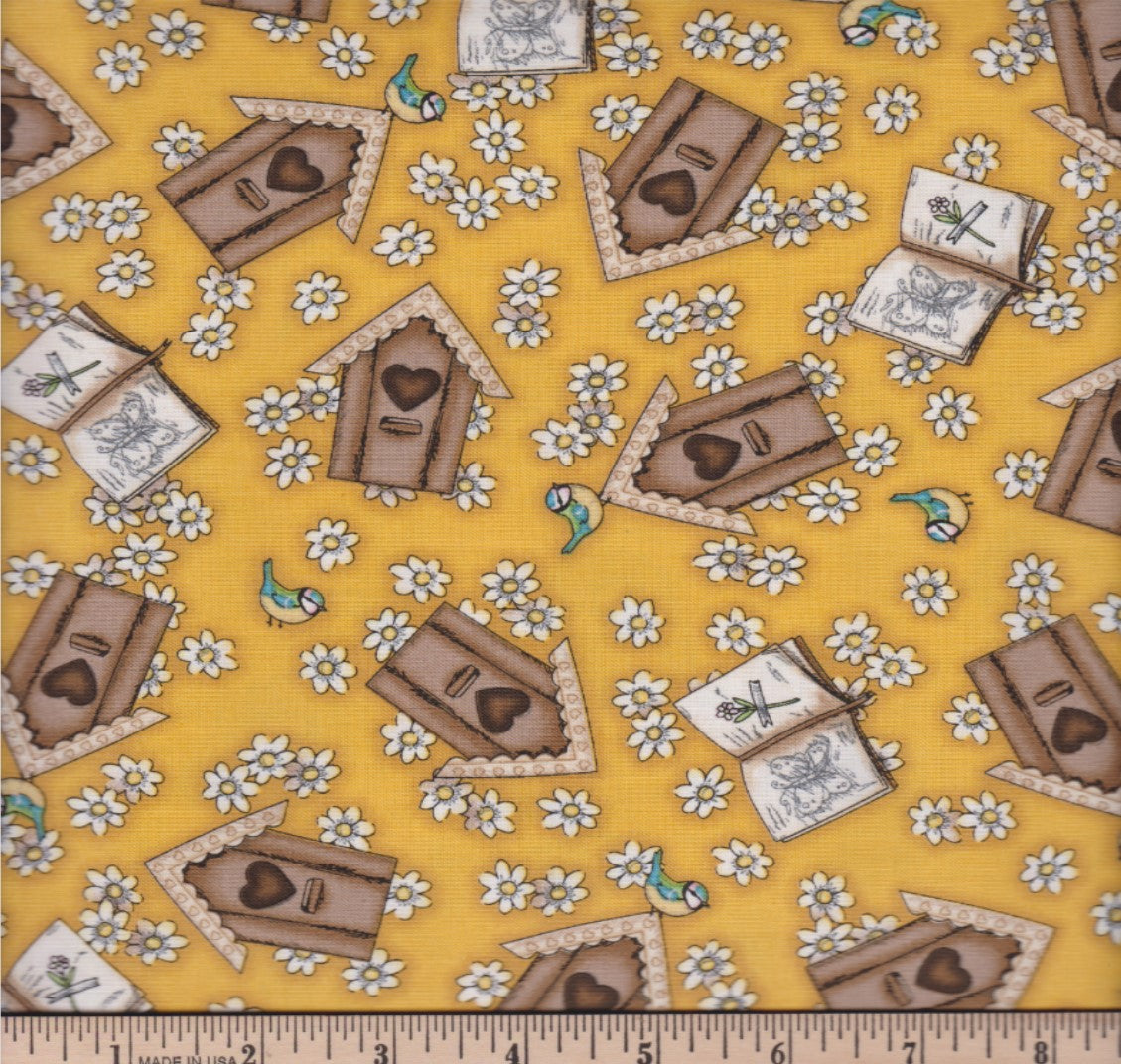 Birds of a Feather Birdhouses Gold Quilting Treasures Cotton Fabric