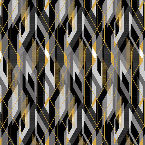 Black, White 24 Karat Diagonal Planes Black Color Principle Henry Glass Cotton Fabric HG-2865M-99