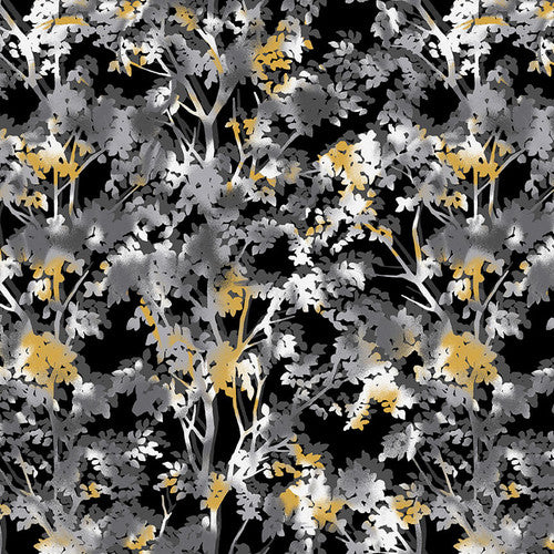 Black, White 24 Karat Tree Silhouette Black Color Principle Henry Glass Cotton Fabric