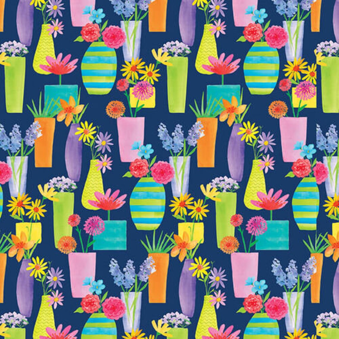 Bloom Bouquet II Flower Vase Bouquets Dark Blue Color Pop Blank Quilting Cotton Fabric